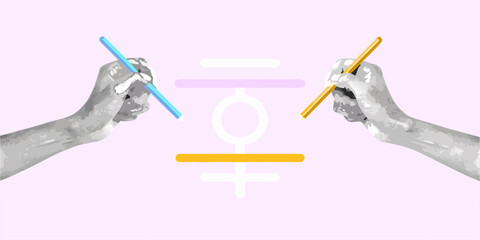 Two hands drawing with colored pencils on a light purple background with abstract shapes