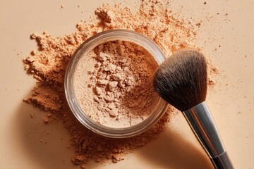Light beige powder in glass jar, makeup brush