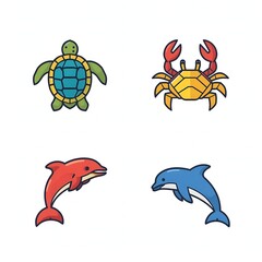 Fototapeta premium Colorful collection of ocean sea creatures including turtle crab and dolphins in a vibrant design