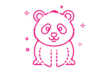 Pink outlined panda is surrounded by stars and small circles against a white backdrop
