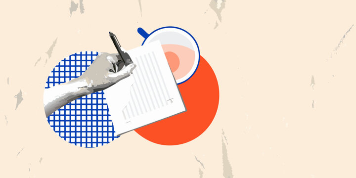 Close up of a hand writing on a document next to a cup of tea and abstract shapes