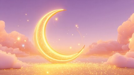 Magical golden crescent moon shining above fluffy pastel clouds