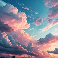 Illustration of dramatic sunset sky with pink and blue clouds