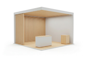 Modern exhibition booth design featuring natural wood accents and clean white counter for impactful displays