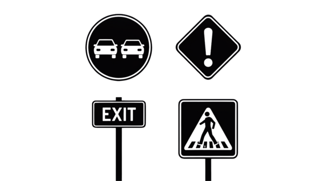 Road signs for pedestrians, exits, and potential hazards for traffic safety and guidance