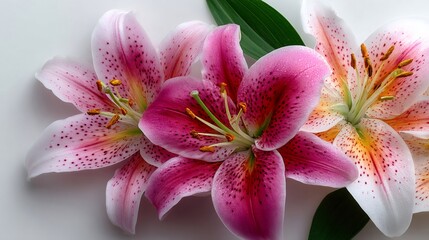 Fototapeta premium Pink and white lilies resting on a white surface
