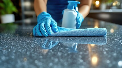Person cleaning kitchen countertop with blue microfiber cloth and spray bottle