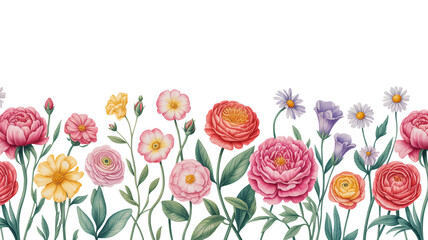 Watercolor floral border, delicate blossoms, horizontal design, white background