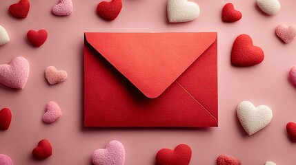 Red envelope surrounded by hearts expressing love on valentine's day