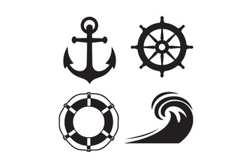 Nautical symbols anchor ship wheel life ring and wave icons