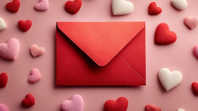 Red envelope surrounded by hearts expressing love on valentine's day