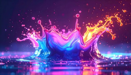 Abstract digital art of a glowing crown formed by a colorful liquid splash with dynamic droplets and neon reflections