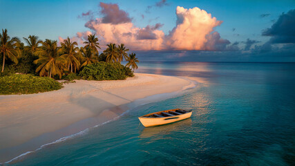 Picturesque tropical island paradise with palm trees sandy beach and a small boat
