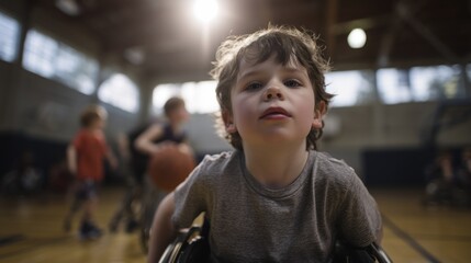 World Cerebral Palsy Day. Adaptive sports activity, children with and without disabilities playing together, wheelchair basketball or adaptive soccer, outdoor court setting, action shots with motion