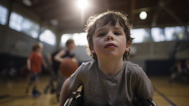 World Cerebral Palsy Day. Adaptive sports activity, children with and without disabilities playing together, wheelchair basketball or adaptive soccer, outdoor court setting, action shots with motion