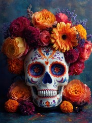 Festive Day of the Dead sugar skull with symmetrical floral details and golden highlights. Crown of roses and cempas&uacute;chil flowers, warm tones, cultural celebration photo. Vertical composition