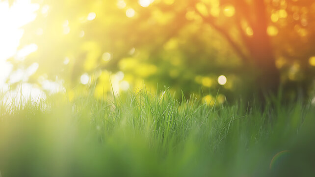 Close up of green grass with bokeh effect and sunlight shining through the trees in summer