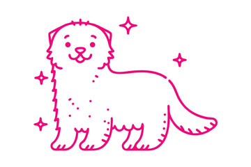Pink shaggy dog outline stands amidst sparkling stars over a white background
