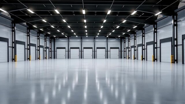 A spacious, well-lit industrial area boasts polished floors and multiple loading bays, highlighting modern design
