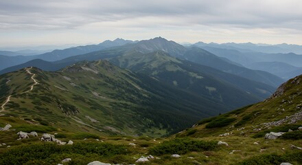 Obraz premium Mountain Range with Rolling Hills and Cloudy Sky