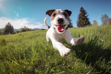 Energetic Jack Russell Terrier leaping joyfully in vibrant green grass under clear blue sky with radiant sun, capturing lively outdoor moment in natural setting - dynamic canine action, bright dayligh