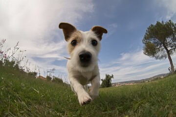 Excited dog running towards camera in green meadow under blue sky, playful pet in nature outdoors