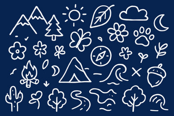 Hand drawn outdoors nature camping doodles icons including mountains pine trees flowers compass tent campfire and waves symbolizing adventure recreation and nature exploration