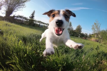 Happy Jack Russell terrier dog running towards camera on grassy field under sunny blue sky