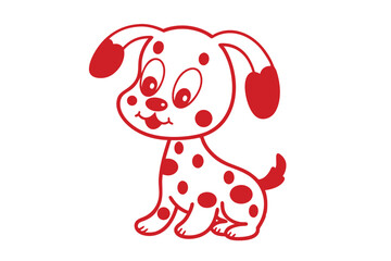 Playful cartoon dog outlined in red showcases a happy face and adorable spots on white