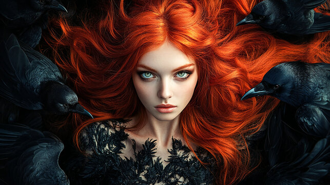 Dark Phoenix Woman With Red Hair Among Raven Birds, Beautiful Ginger Hair Witch, Abstract Mystic Dark Background, Queen OF Hell, Wife Of Lucifer, Lilith or Lilit Archetype