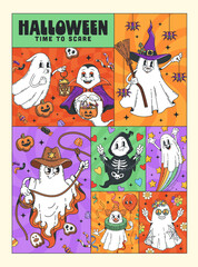 Obraz premium Halloween scary groovy characters posters. Playful retro collage featuring cute cartoon ghosts dressed as cowboys, hippie, spooky witch, vampire and clown, surrounded by candies, pumpkins and stars