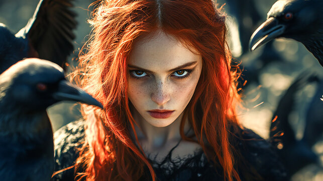 Dark Phoenix Woman With Red Hair Among Raven Birds, Beautiful Ginger Hair Witch, Abstract Mystic Dark Background, Queen OF Hell, Wife Of Lucifer, Lilith or Lilit Archetype