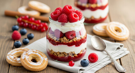 Raspberry yogurt parfait layered with granola, cream, and fresh raspberries in a glass jar. Served on rustic wooden table with cookies and berries.