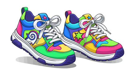 Two colorful cartoon sneakers with stars and swirls, white laces, and vibrant designs on a white background.