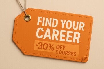 FIND YOUR CAREER -30% OFF courses tag, modern style, effective retail discount offer for education.