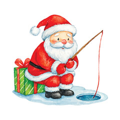 Watercolor Santa Claus Ice Fishing Sitting with Christmas Gift Illustration
