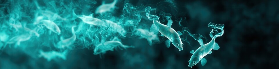 A school of ghostly deep-sea fish moving in unison through inky blackness, with their glowing bodies casting faint reflections, 3D rendering.