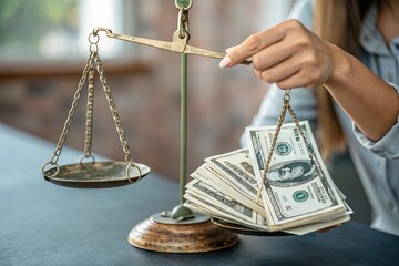 Dollars weighed on scale taken by female hand balancing money precisely