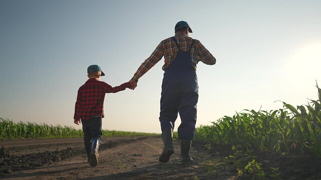 Father and son walk side by side, holding hands along dirt path in field. The sun shines behind them showcasing peaceful rural family life. Walking through farm field enjoying nature and togetherness.