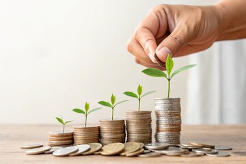 Hand putting money coins stack growing higher