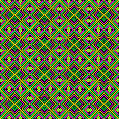 seamless geometric pattern
The design blends traditional folk art with modern digital aesthetics, using bold colors such as green, pink, yellow, and black. Ideal for textile design, wallpaper, fashion