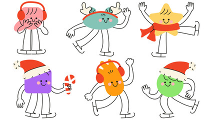 Cute character shape with funny expression in winter holiday theme, Christmas skating illustration. Cartoon isolated vector illustration.