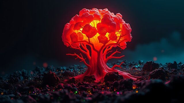 A glowing malignant growth being starved of its vibrant nutrient streams on a dark field.