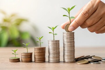 Hand putting money coins stack growing steadily