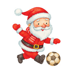Watercolor Santa Claus Playing Soccer Football Illustration for Christmas Fun
