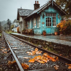 Obraz premium Autumnal train station platform in the rain