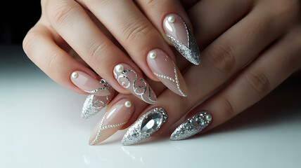 Elegant stiletto nails with silver glitter and pearl design for a special occasion or party event
