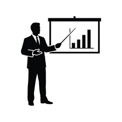 Businessman presenting financial growth chart on projector screen with pointer stick silhouette vector