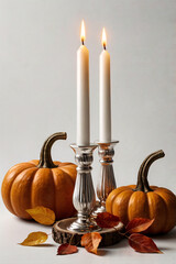Candles among pumpkins. Autumn decor. Halloween.