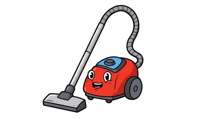 Fototapeta premium Cartoon illustration of a red vacuum cleaner with a smiling face isolated on white background